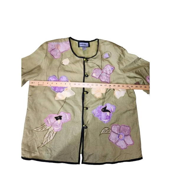 Vintage QVC Indigo Moon Green Embroidered Floral Art Jacket Toggle Buttons Large - Picture 4 of 8